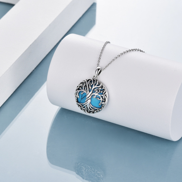 Sterling Silver Circular Shaped Turquoise Tree Of Life Pendant Necklace-2