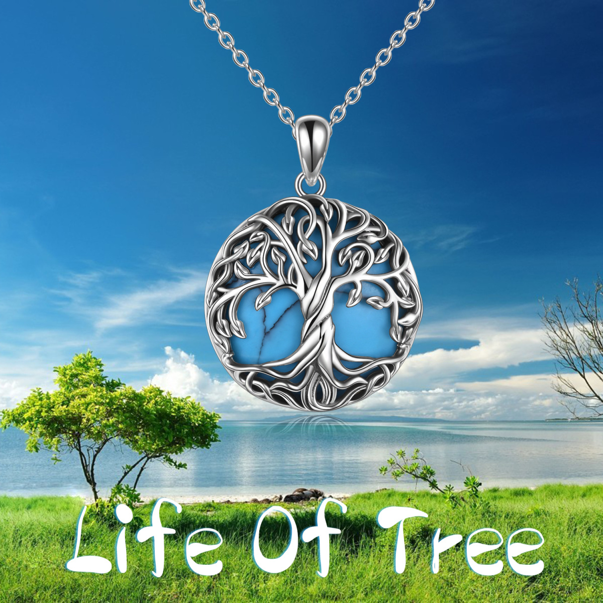 Collier en argent sterling avec pendentif arbre de vie en turquoise de forme circulaire-5