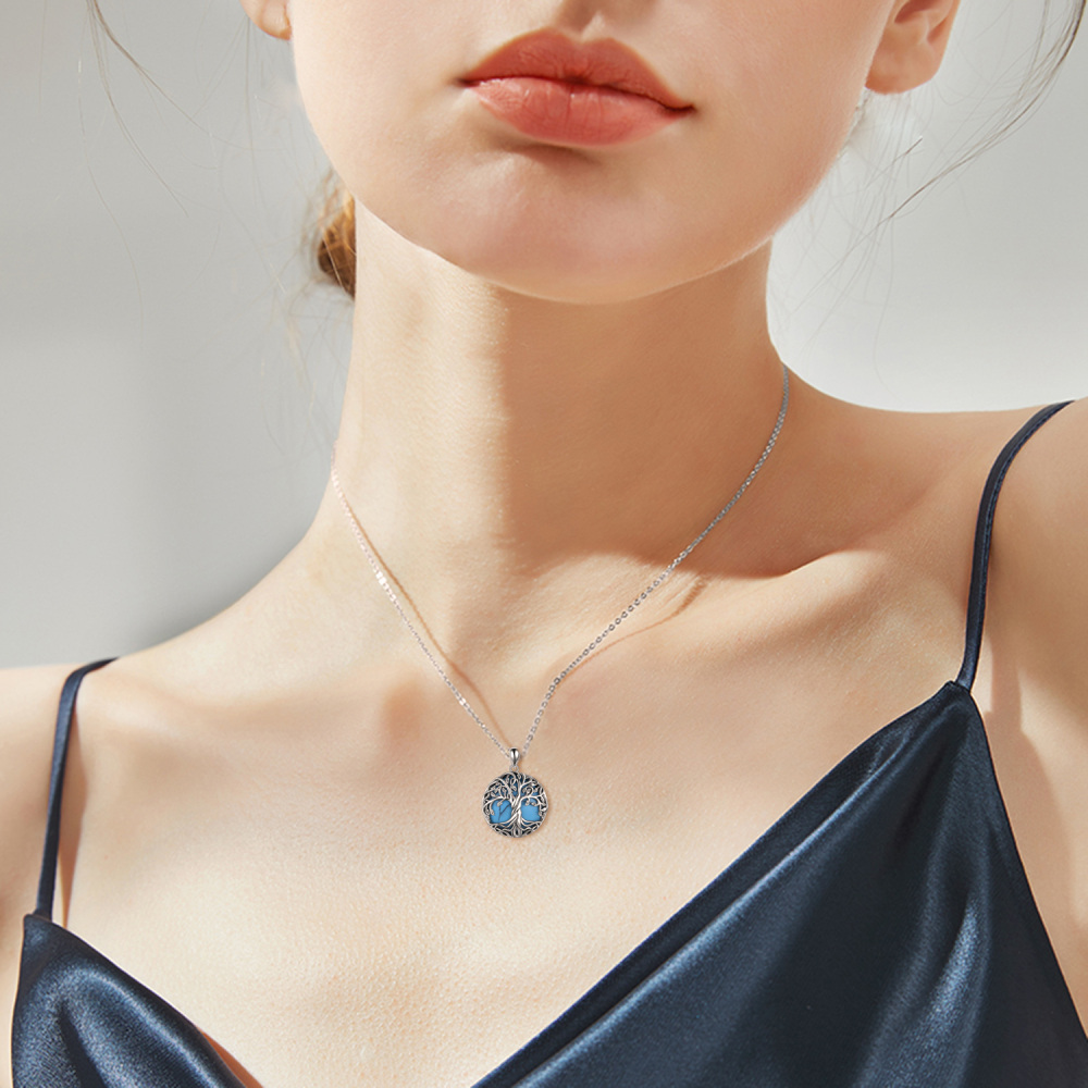 Collana con ciondolo a forma di albero della vita in turchese a forma di cerchio in argento sterling-6