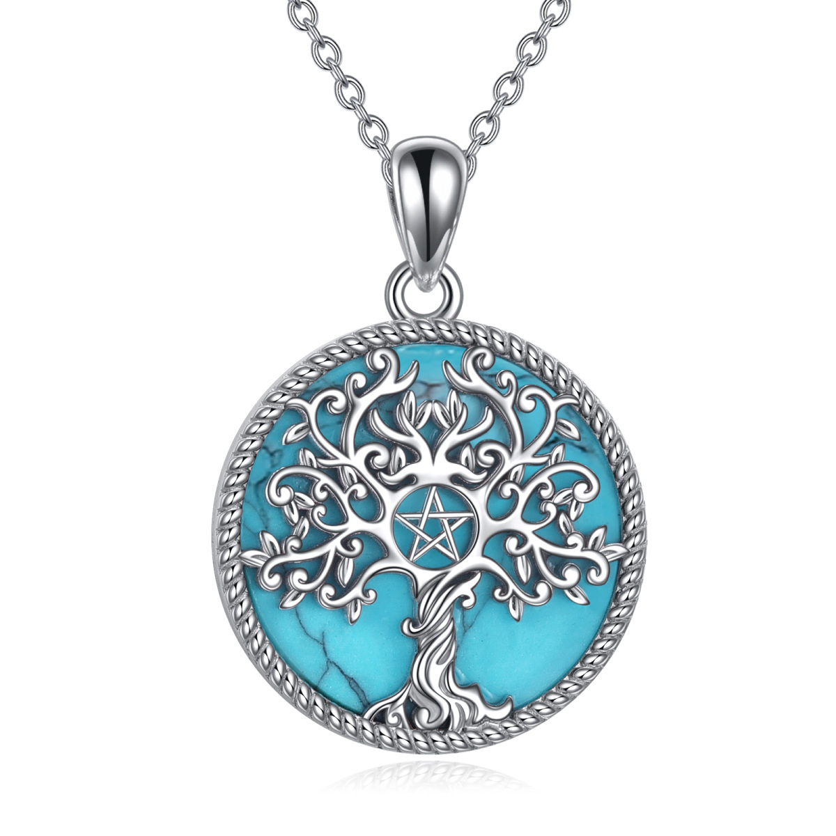 Sterling Silver Circular Shaped Turquoise Tree Of Life & Pentagram Pendant Necklace-1