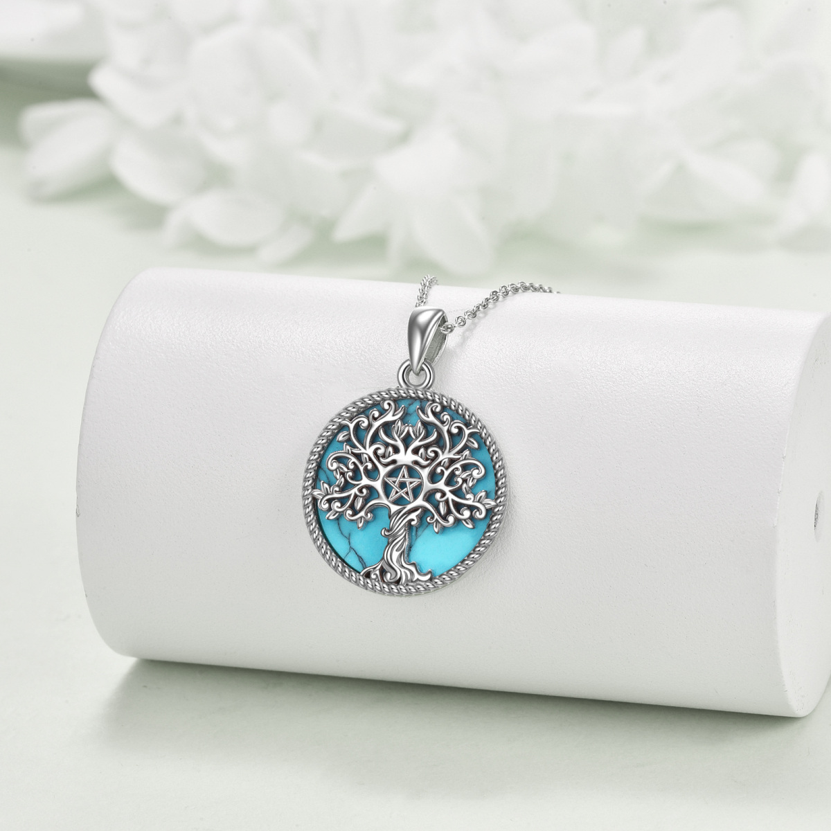 Sterling Silver Circular Shaped Turquoise Tree Of Life & Pentagram Pendant Necklace-3