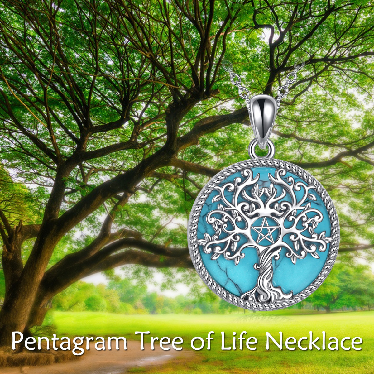 Sterling zilveren cirkelvormige turquoise levensboom pentagram hanger ketting-6