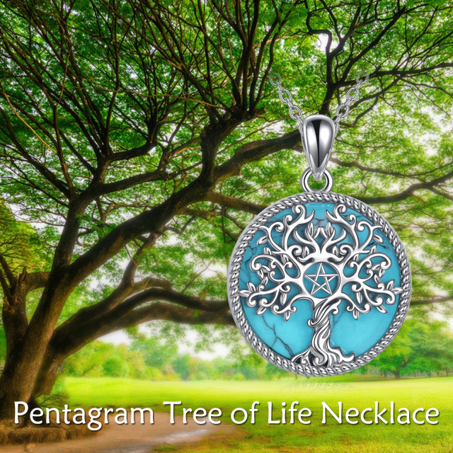 Sterling Silver Circular Shaped Turquoise Tree Of Life & Pentagram Pendant Necklace-6