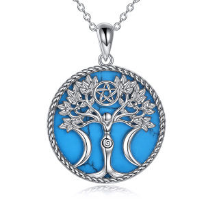 Sterling Silver Circular Shaped Turquoise Tree Of Life & Pentagram & Triple Moon Goddess Pendant Necklace-2