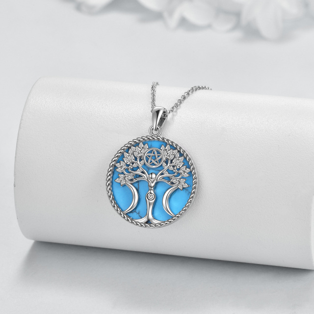 Sterling Silver Circular Shaped Turquoise Tree Of Life & Pentagram & Triple Moon Goddess Pendant Necklace-3