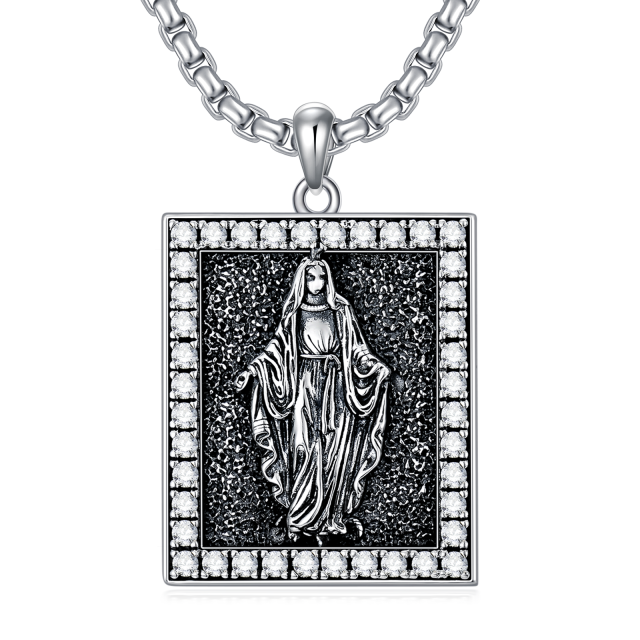 Sterling Silver Circular Shaped Cubic Zirconia Virgin Mary Pendant Necklace for Men-1