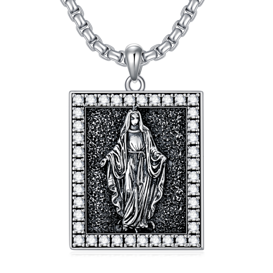 Sterling Silver Circular Shaped Cubic Zirconia Virgin Mary Pendant Necklace for Men