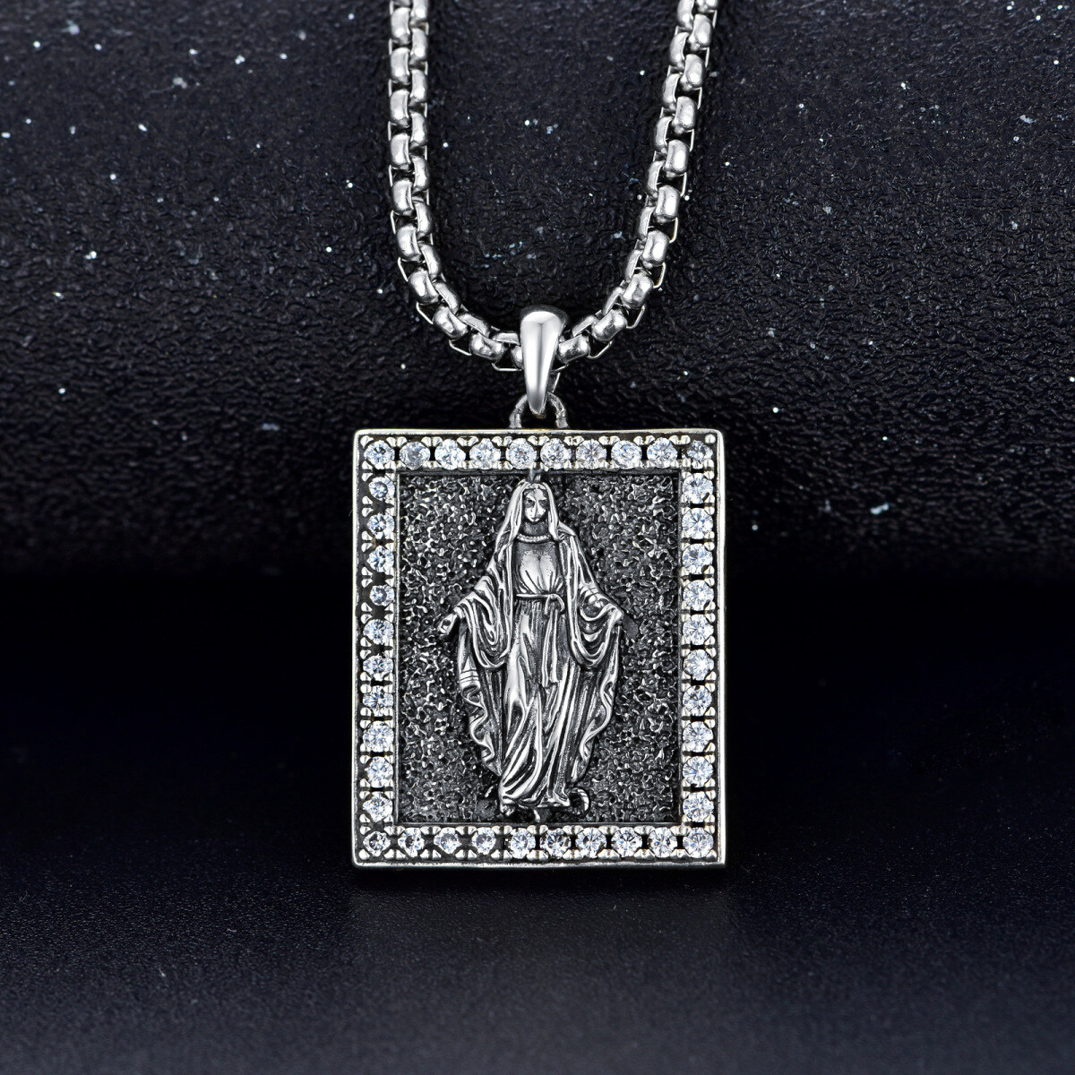 Sterling Silver Circular Shaped Cubic Zirconia Virgin Mary Pendant Necklace for Men-3