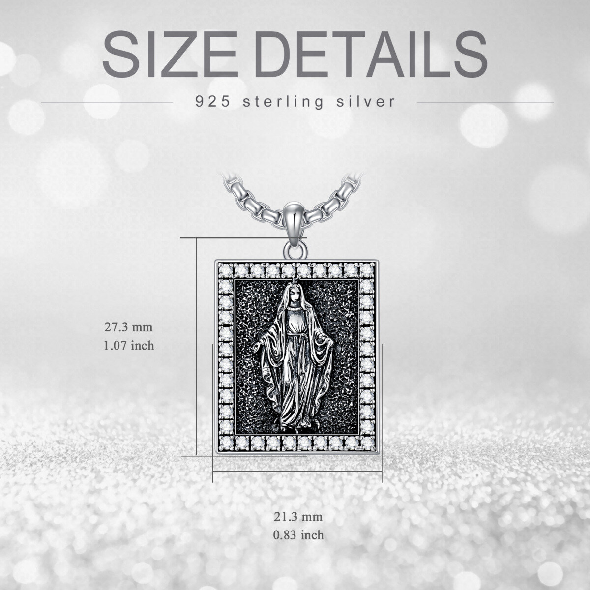 Sterling Silver Circular Shaped Cubic Zirconia Virgin Mary Pendant Necklace for Men-6