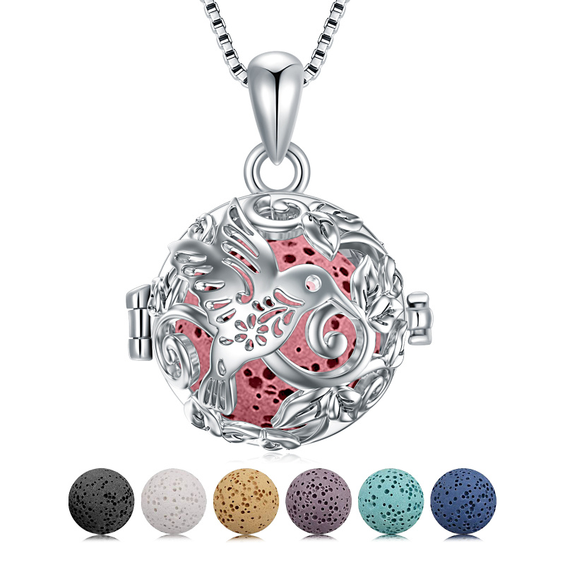 Sterling Silver Circular Shaped Volcanic Stone Hummingbird Pendant Necklace-1