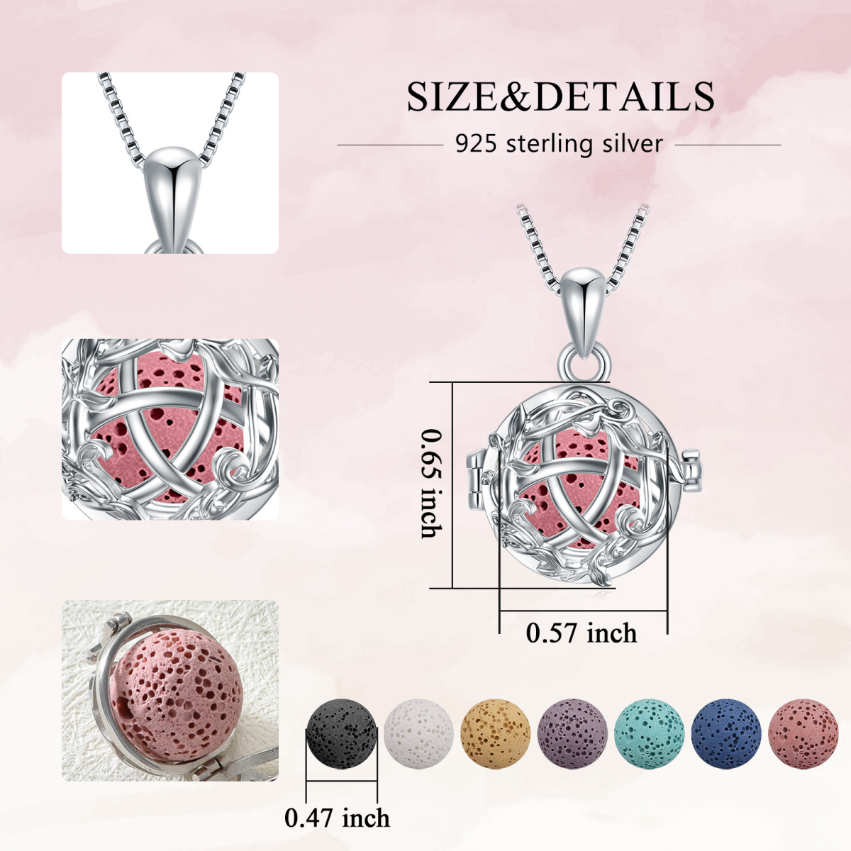 Collier en argent sterling avec pendentif feuilles en pierre volcanique de forme circulair-6