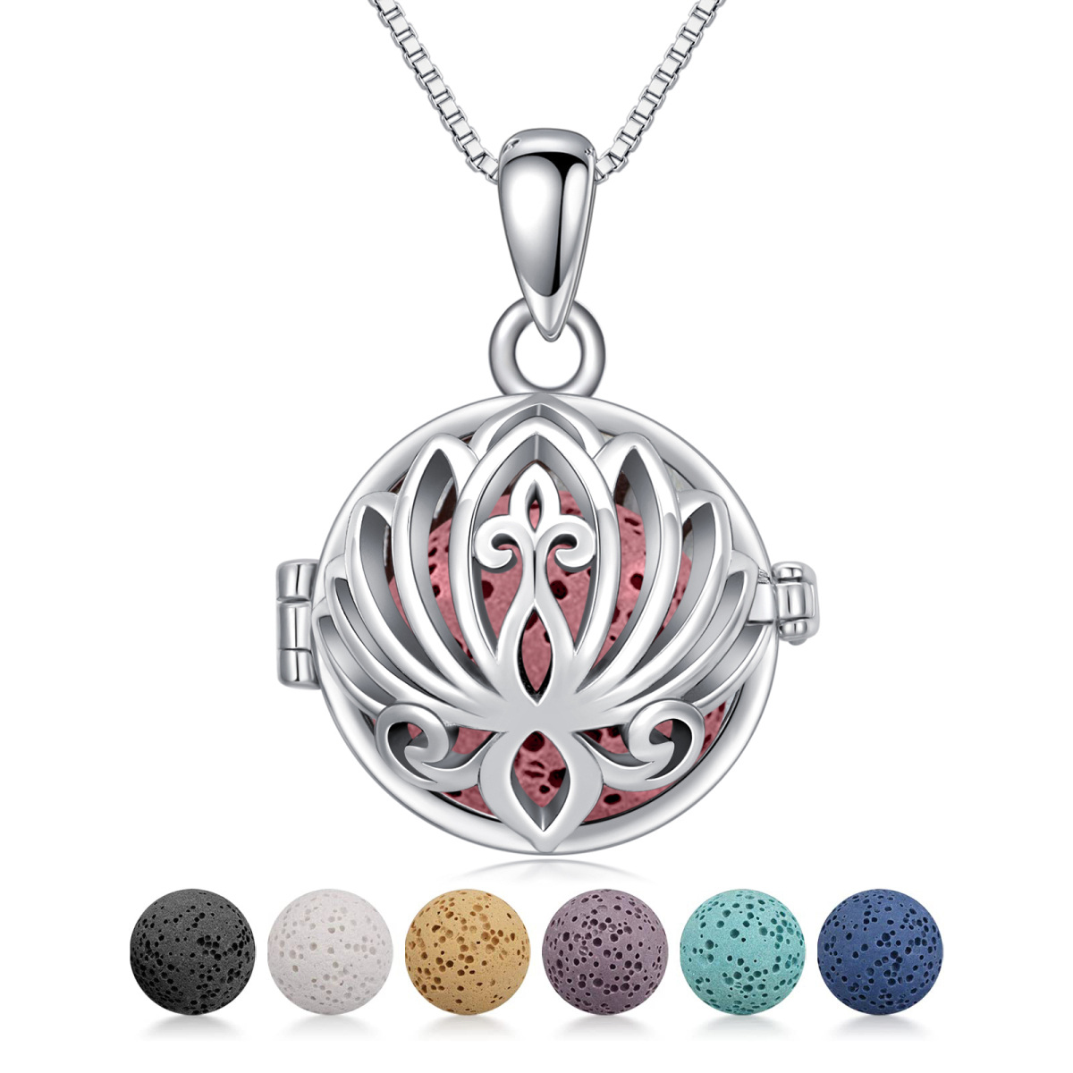 Sterling Silver Circular Shaped Volcanic Stone Lotus Pendant Necklace-1