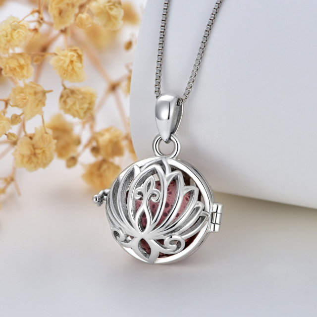 Sterling Silver Circular Shaped Volcanic Stone Lotus Pendant Necklace-3