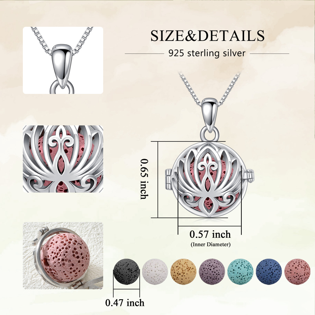 Sterling Silber kreisförmig geformt Vulkanstein Lotus Anhänger Halskette-6