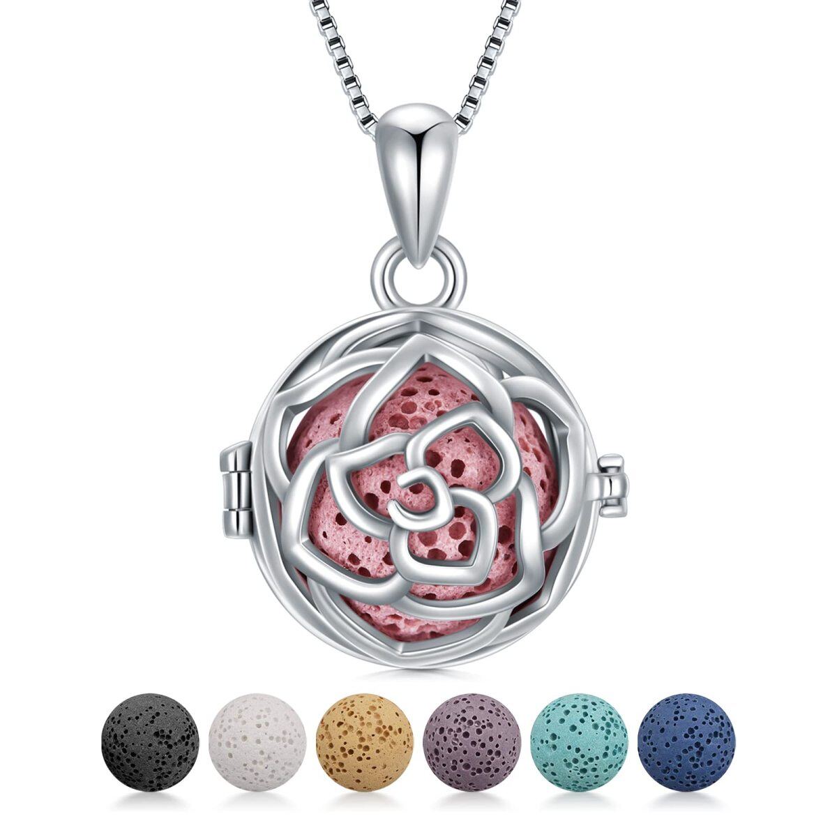 Sterling Silver Circular Shaped Volcanic Stone Rose Pendant Necklace-1