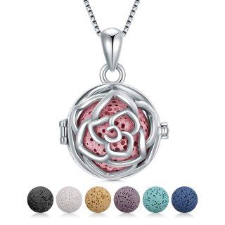 Sterling Silver Circular Shaped Volcanic Stone Rose Pendant Necklace-19