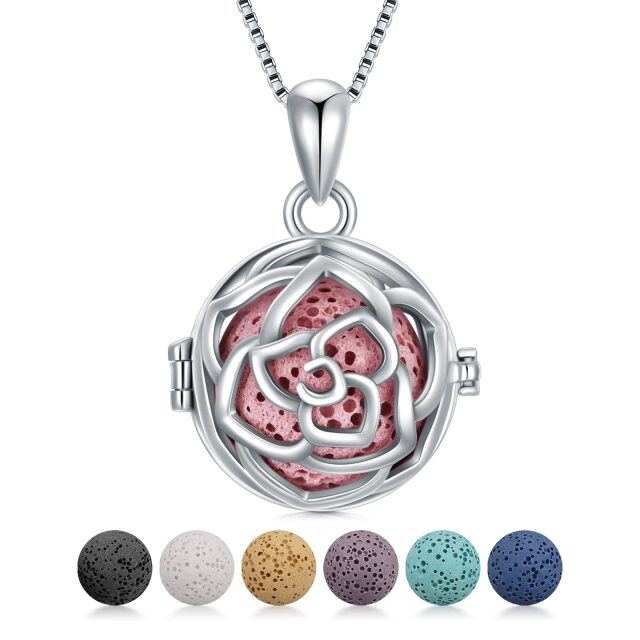 Sterling Silver Circular Shaped Volcanic Stone Rose Pendant Necklace-1