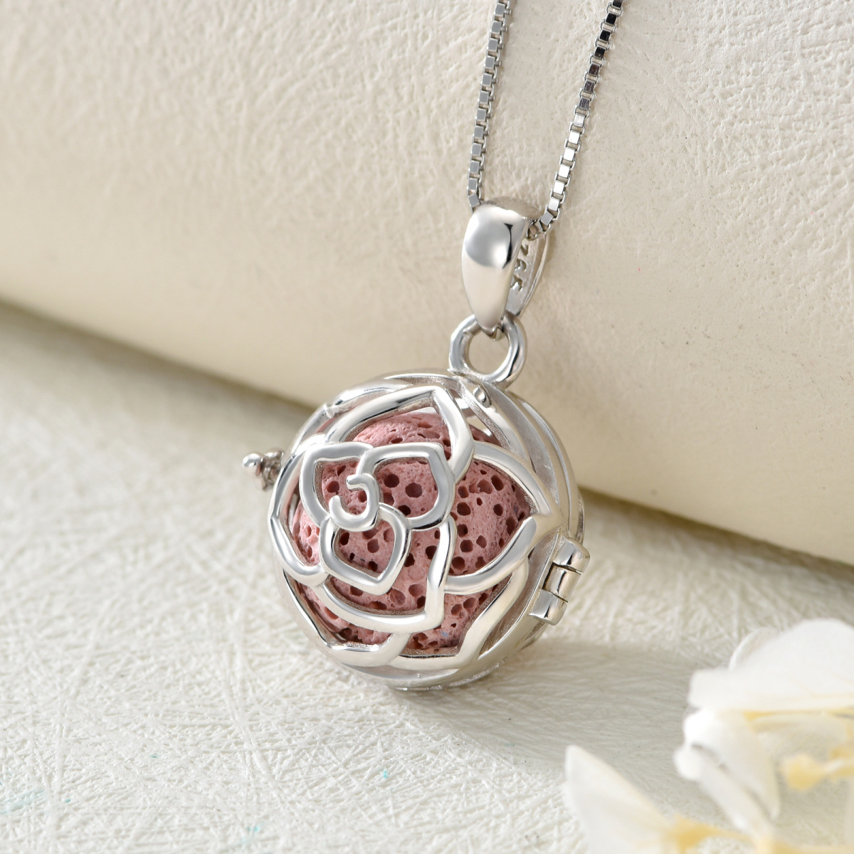 Sterling Silver Circular Shaped Volcanic Stone Rose Pendant Necklace-5