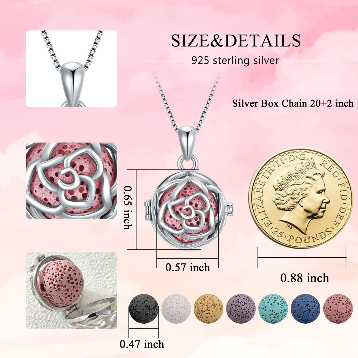 Sterling Silver Circular Shaped Volcanic Stone Rose Pendant Necklace-6