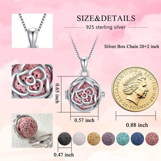 Sterling Silver Circular Shaped Volcanic Stone Rose Pendant Necklace-6