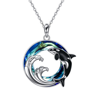 Sterling Silver Circular Shaped Whale & Spray Crystal Pendant Necklace-16