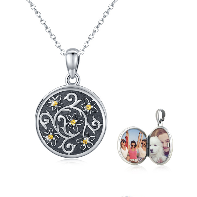 Collana da donna con medaglione rotondo personalizzato con foto e fiori di campo in argento sterling con zirconi circolari-1