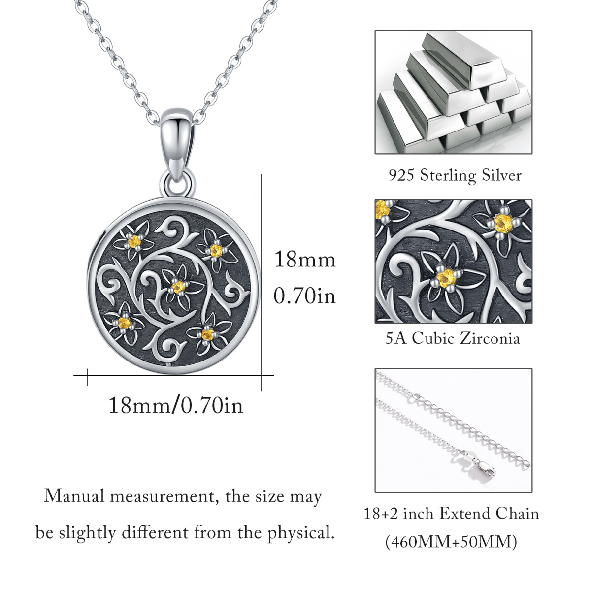 Colar redondo com medalhão de foto personalizada em prata esterlina com zircônia circular e flores silvestres para mulheres-5