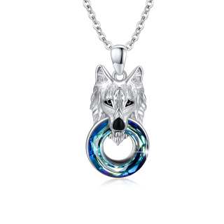 Sterling Silver Circular Shaped Wolf Crystal Pendant Necklace-7