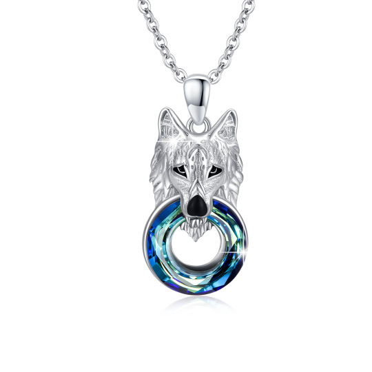 Sterling Silver Circular Shaped Wolf Crystal Pendant Necklace