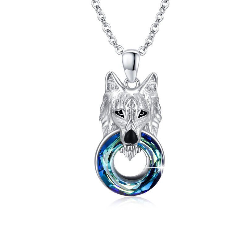Sterling Silver Circular Shaped Wolf Crystal Pendant Necklace-1