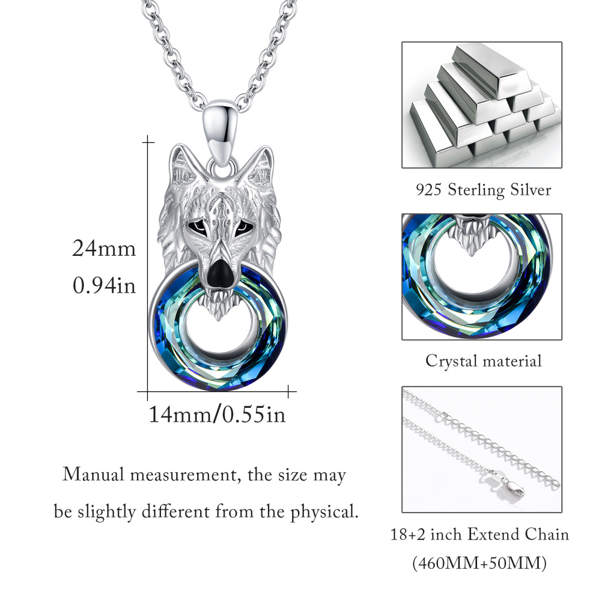 Collana con ciondolo di cristallo a forma di lupo in argento sterling a forma circolare-7