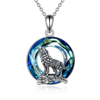 Sterling Silver Circular Shaped Wolf Crystal Pendant Necklace-2