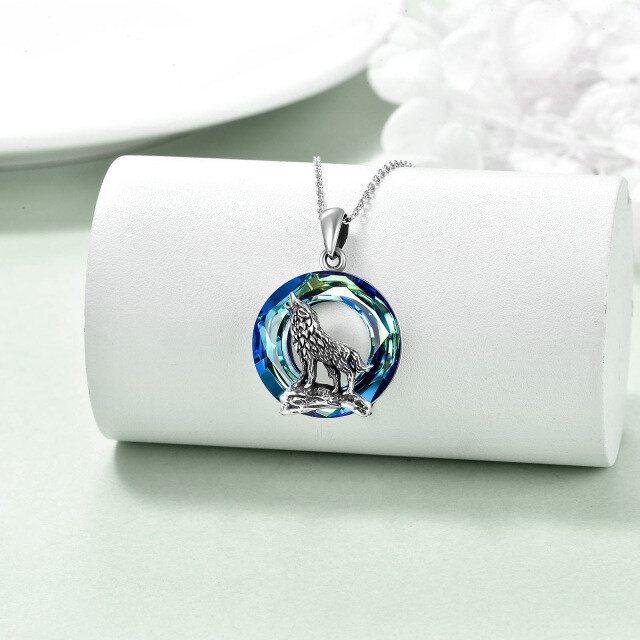 Sterling Silver Circular Shaped Wolf Crystal Pendant Necklace-3