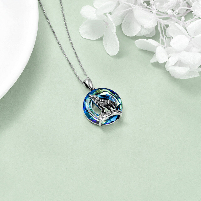 Sterling Silver Circular Shaped Wolf Crystal Pendant Necklace-4