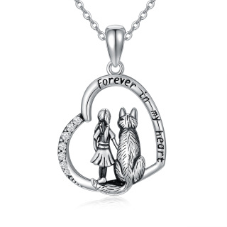 Sterling Silver Circular Shaped Cubic Zirconia Wolf & Heart Pendant Necklace with Engraved Word-36