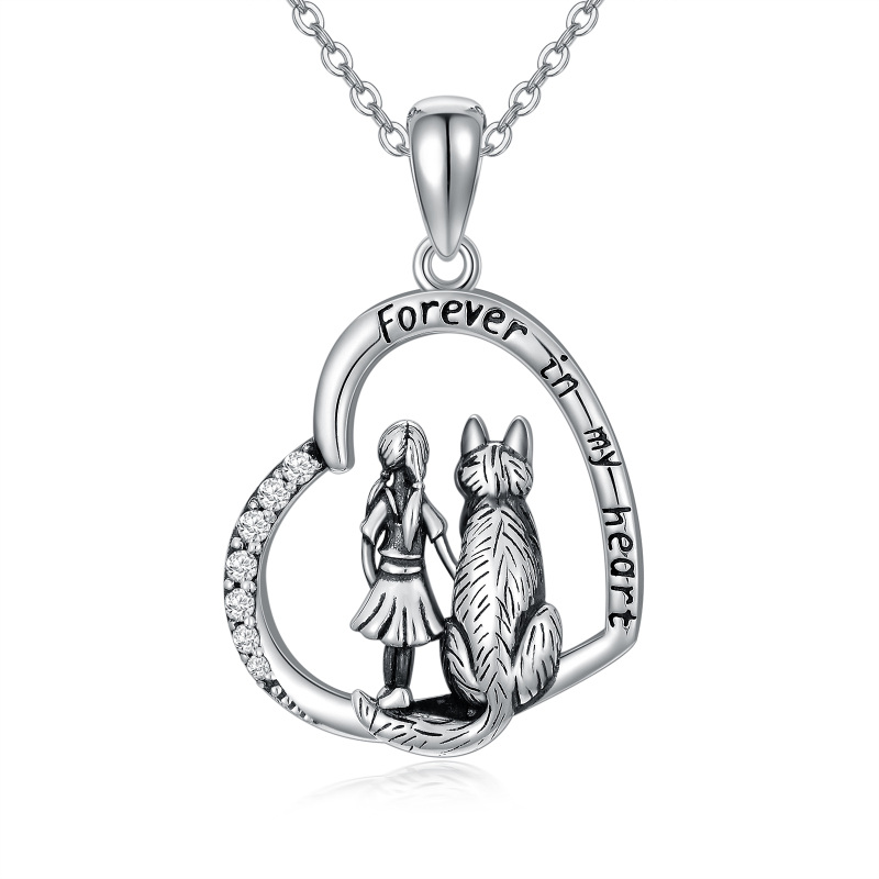 Sterling Silver Circular Shaped Cubic Zirconia Wolf & Heart Pendant Necklace with Engraved Word-7