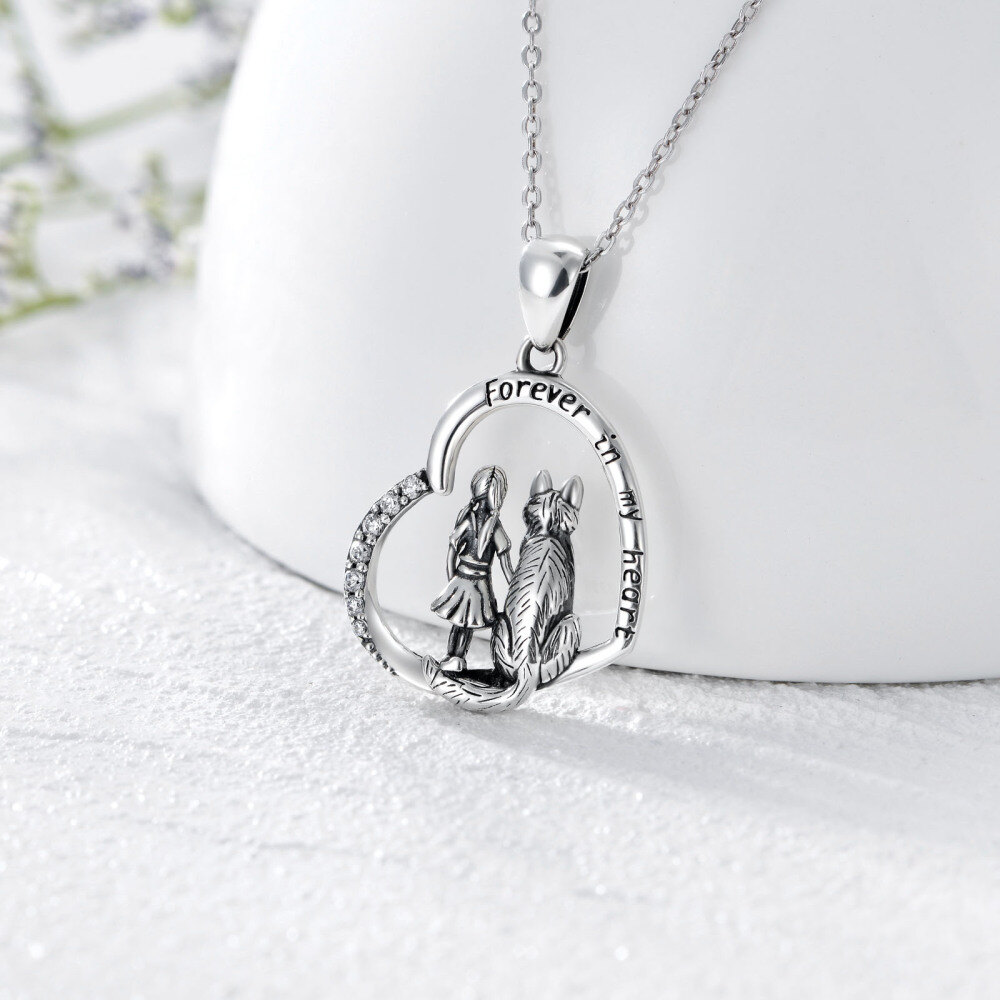 Sterling Silver Circular Shaped Cubic Zirconia Wolf & Heart Pendant Necklace with Engraved Word-3