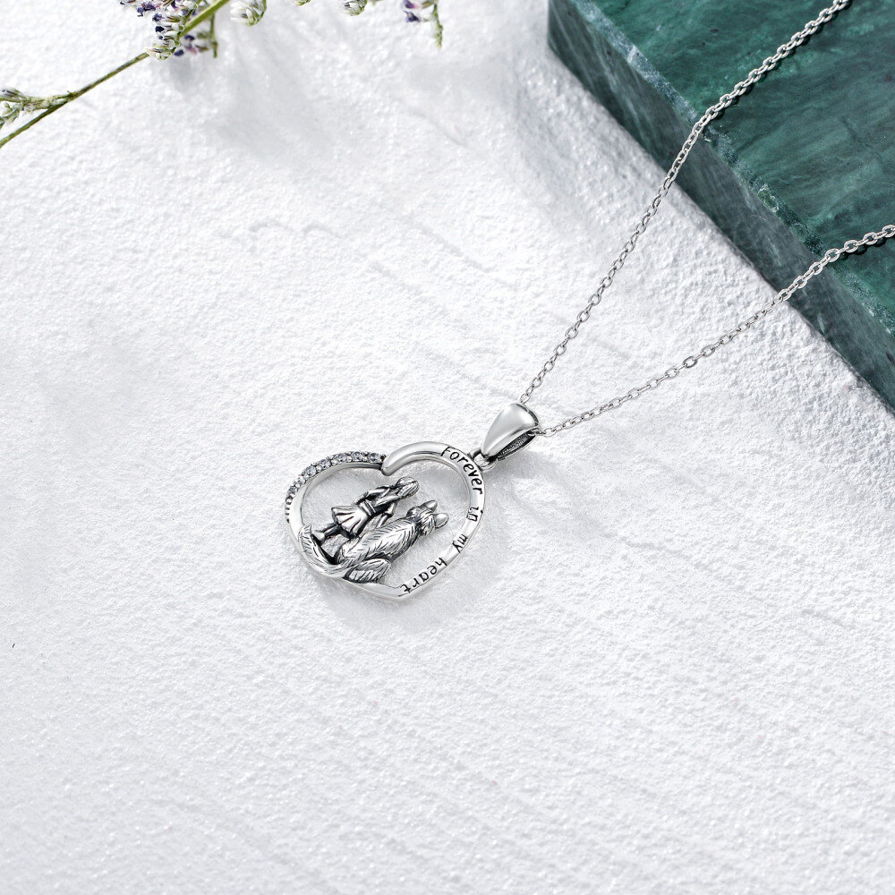Sterling Silver Circular Shaped Cubic Zirconia Wolf & Heart Pendant Necklace with Engraved Word-4