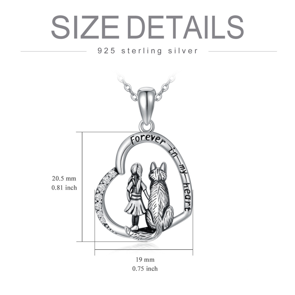 Sterling Silver Circular Shaped Cubic Zirconia Wolf & Heart Pendant Necklace with Engraved Word-5