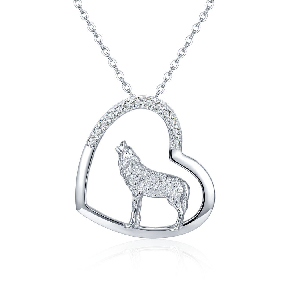 Sterling Silver Circular Cubic Zirconia Wolf & Heart Necklace for Women-1