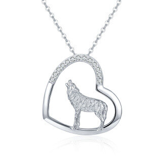 Sterling Silver Circular Cubic Zirconia Wolf & Heart Necklace for Women-50