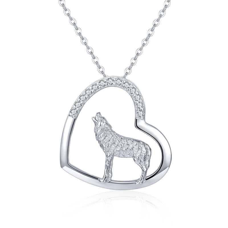 Sterling Silver Circular Cubic Zirconia Wolf & Heart Necklace for Women-5