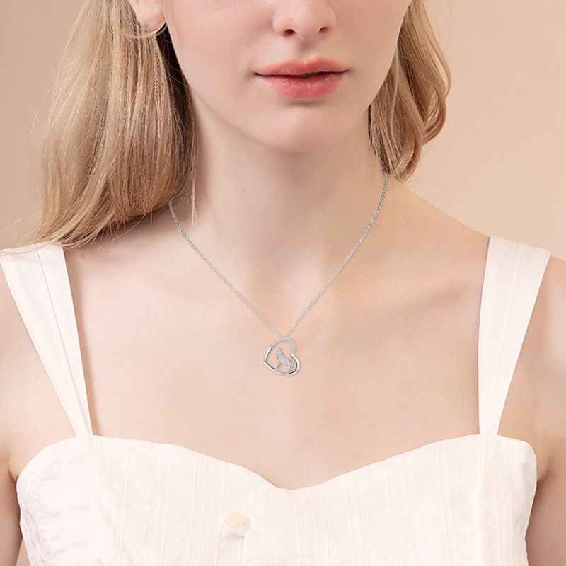 Sterling Silver Circular Cubic Zirconia Wolf & Heart Necklace for Women-2