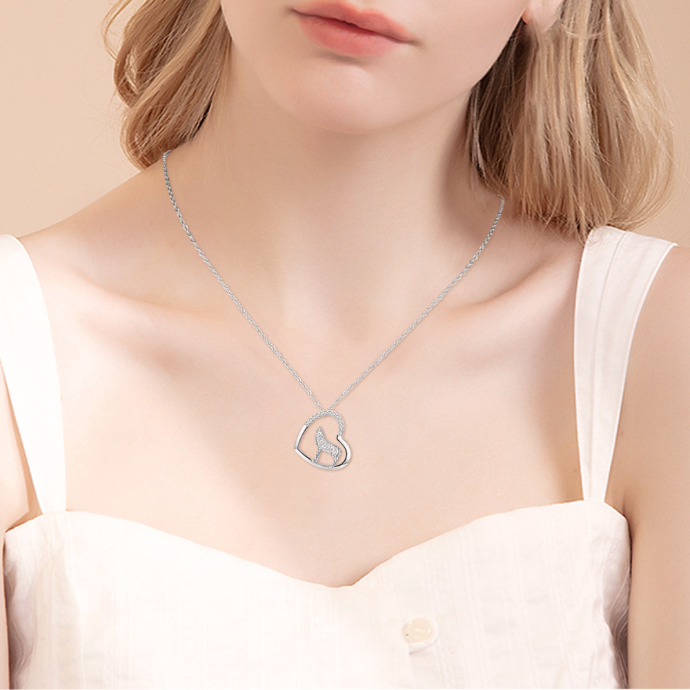 Sterling Silver Circular Cubic Zirconia Wolf & Heart Necklace for Women-3