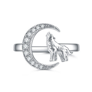 Sterling Silver Circular Shaped Cubic Zirconia Wolf & Moon Open Ring-2