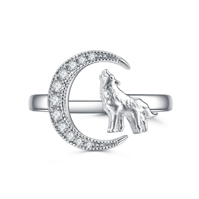 Sterling Silver Circular Shaped Cubic Zirconia Wolf & Moon Open Ring-3