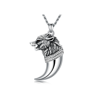 Sterling Silver Circular Shaped Cubic Zirconia Wolf Pendant Necklace-57