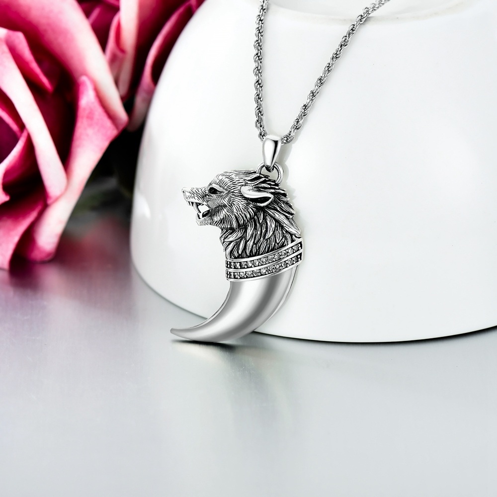 Sterling Silver Circular Shaped Cubic Zirconia Wolf Pendant Necklace-3