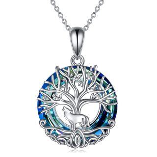 Sterling Silver Circular Shaped Wolf & Tree Of Life Crystal Pendant Necklace-3