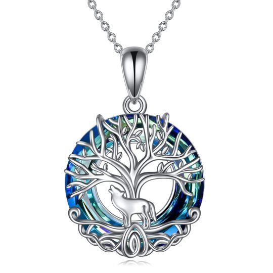 Sterling Silver Circular Shaped Wolf & Tree Of Life Crystal Pendant Necklace